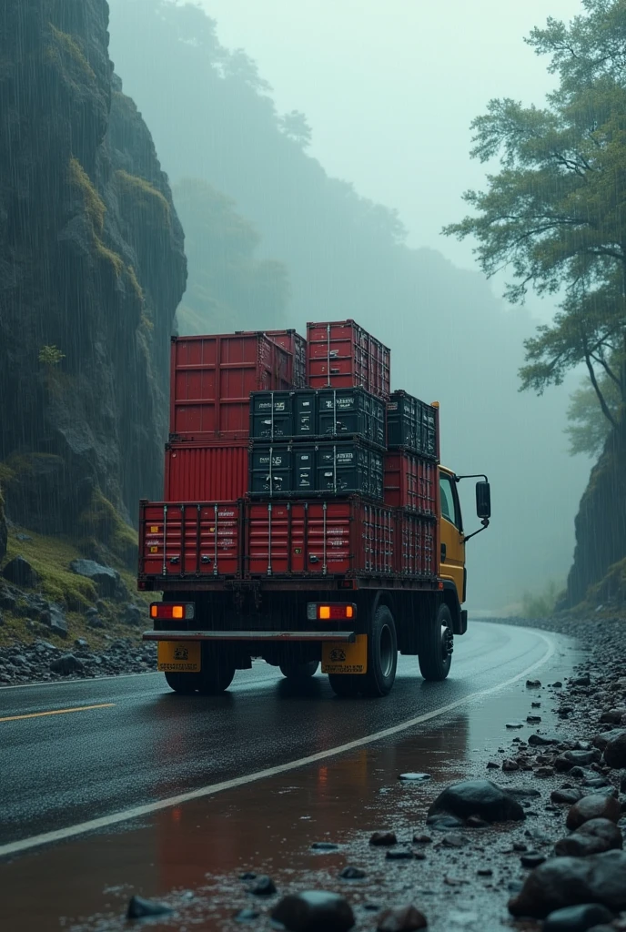 Lorry company create the name is New Kingston background on the road,weather is raining,bring the item like many boxes,colour Red black rock