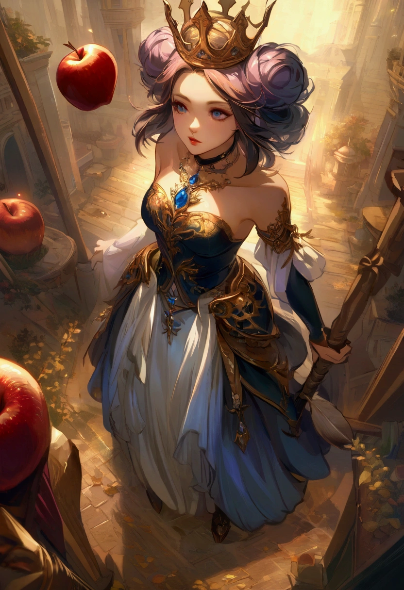 ((Extremely detailed)),(Very detailed),(Painting), Chiaroscuro, Very detailed CG ユニティ 8k 壁紙, Gwendolyn, Hip feathers, Holding pole arm,  Strapless Dress, Crown, Removable sleeves, choker, Armored Thigh Boots, Feather hair bun, apple, avert your eyes, look up, From above,