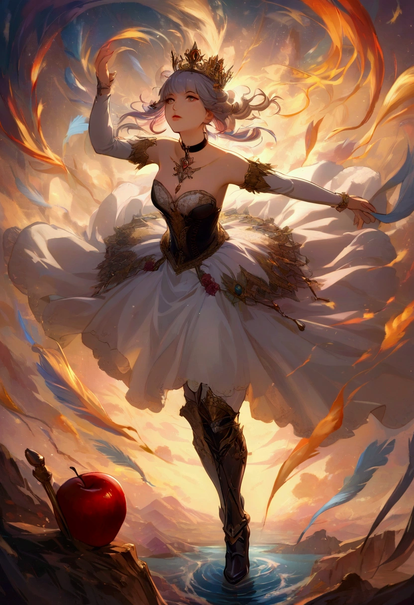 ((Extremely detailed)),(Very detailed),(Painting), Chiaroscuro, Very detailed CG ユニティ 8k 壁紙, Gwendolyn, Hip feathers, Holding pole arm, Strapless Dress, Crown, Removable sleeves, choker, Armored Thigh Boots, Feather hair bun, apple, avert your eyes, look up, From above,