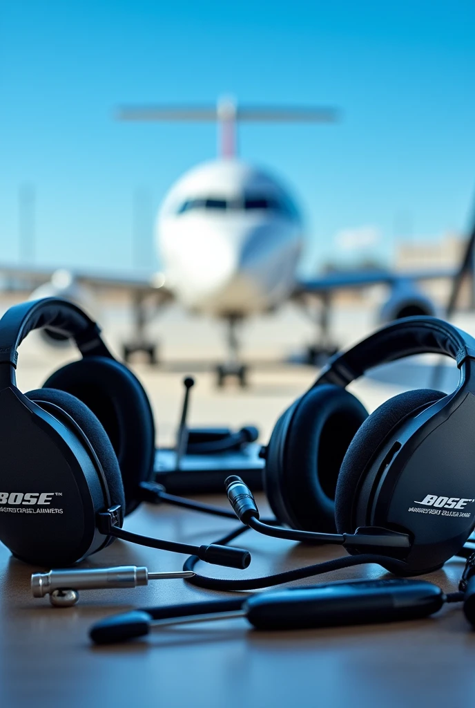 an airplane in the background, A blue sky, BOSE brand maintenance tools and aviation headsets, of the A20 model,  Lightspeed, of the Zulu 3 model, e fone de David Clark, ready to be repaired