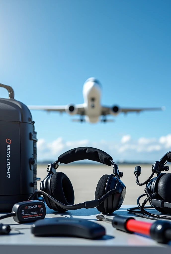 an airplane in the background, A blue sky, BOSE brand maintenance tools and aviation headsets, of the A20 model, Lightspeed, of the Zulu 3 model, e fone de David Clark, ready to be repaired
