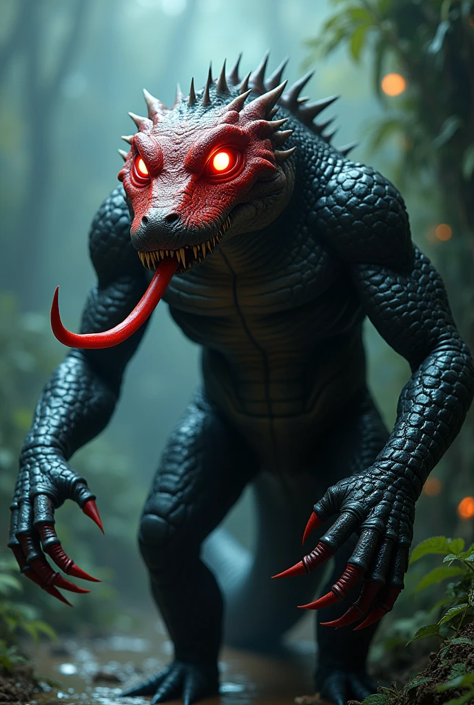crocodile looking forward, Red head, rest of the body entirely black, red tongue, big fit ass, with reptilian hands, bio-luminescent, glare eyes