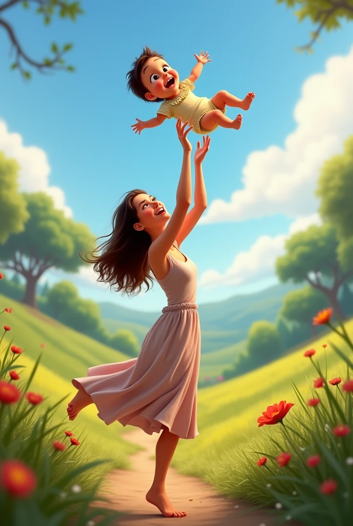 Pixar style image Woman throwing her  into the sky happily 
