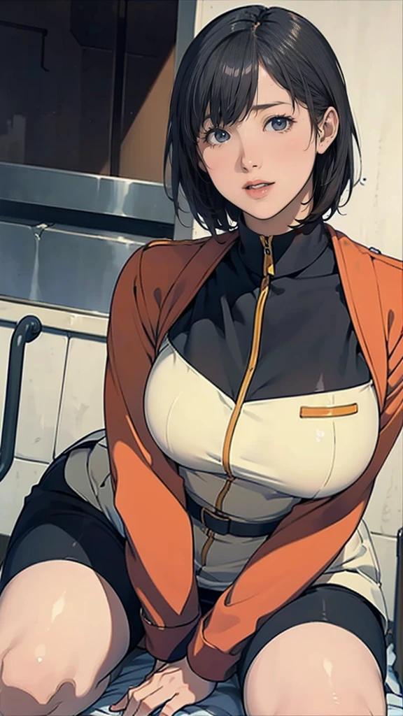 、Earth Federation Operator Girl Soldier、Black short hair、Large Breasts、Cute like an idol、Childish face and appearance、Operator intercom mounted on head、Accurately drawn faces、thin、健康的なKnee-lengthスカート風の地球連邦軍、Knee-length、Inside the bridge of a battleship、Low angle shot、Anatomically correct、Accurate Fingers、Accurate Rimbuster Piece、Photorealization