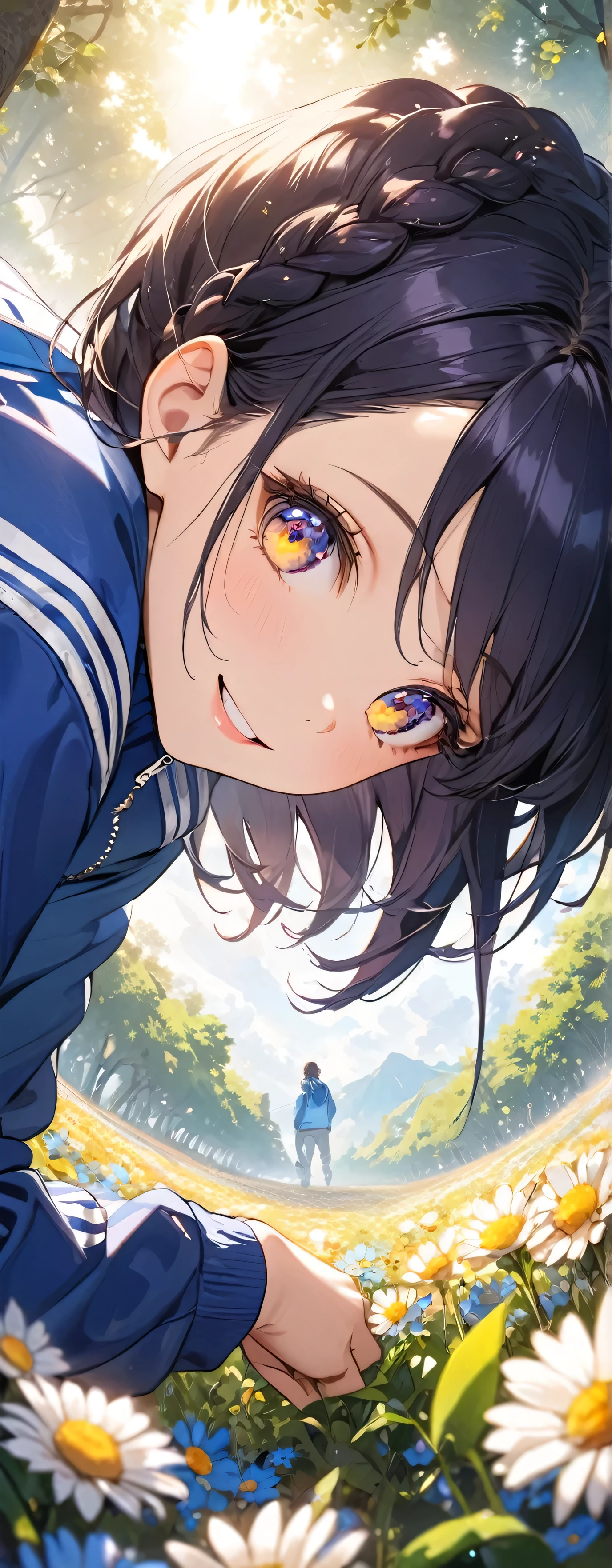 masterpiece, Highest quality, Ultra-high resolution, (beautiful girl: 1.3), (Crown braid＆Straight hair&short hair),Indigo Hair,Highly detailed eyes,Yellow and black eyes,Looks about 15 years old、 (Blue sweatpants:1.3), (The jacket is a blue track jacket.....: 1.3),Flower Field,((Focus on the very big things, Round and beautifully shaped butt)),fine,Big smile,I have flowers,sunlight through trees,slant eyes,(((the world turns upside down)))