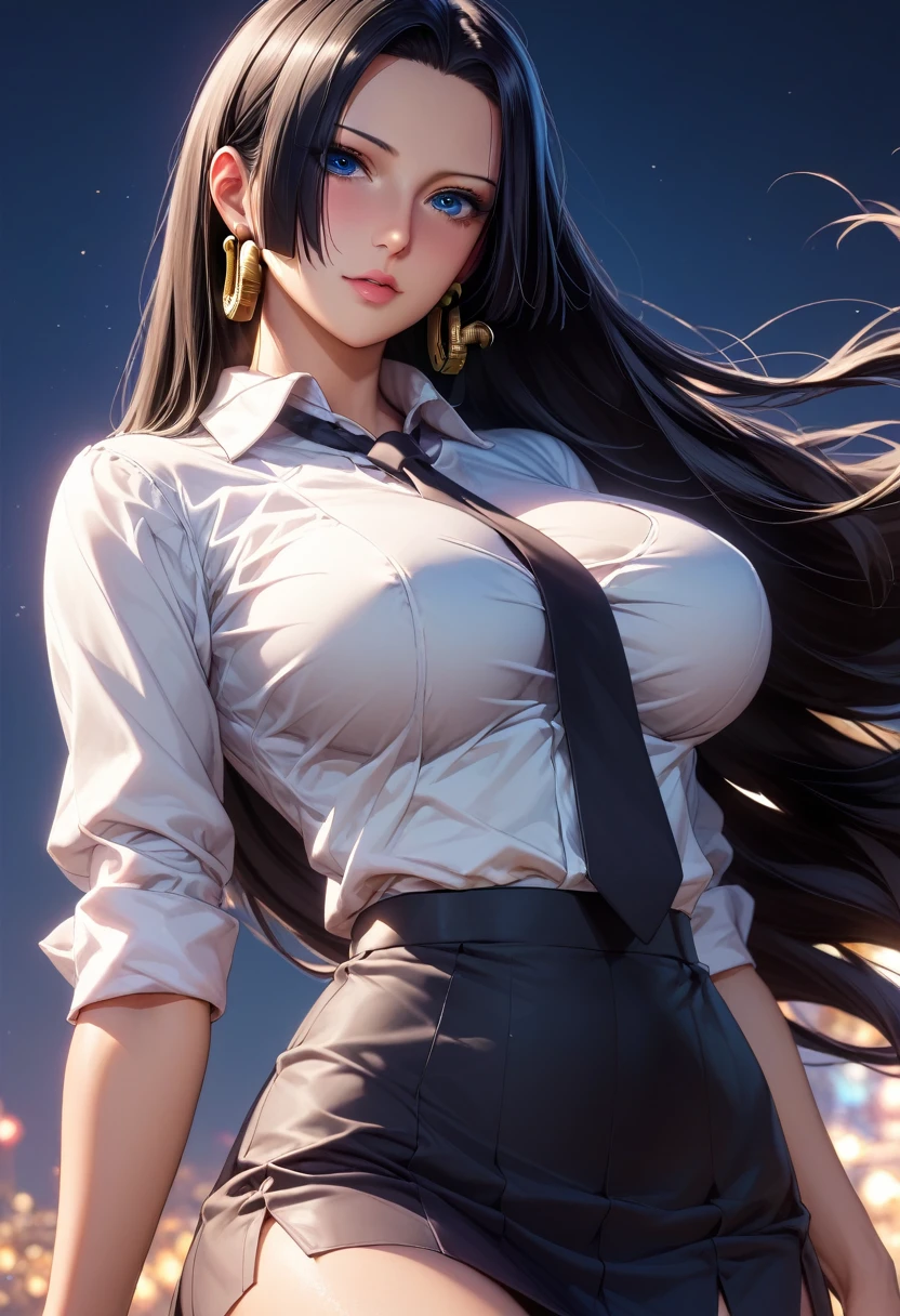 perfection、(sauce_anime, Boa Hancock, Black Hair, blue eyes, Long Hair, amount, Large Breasts)、Black background、Cool look、Professional work、Professional Lighting。Detailed face、Detailed eyes。(Grey jacket、White blouse、tie、skirt)、sexy、Browsing Caution、Cowboy Shot、Best Angle、オフィスで電話しているBoa Hancock