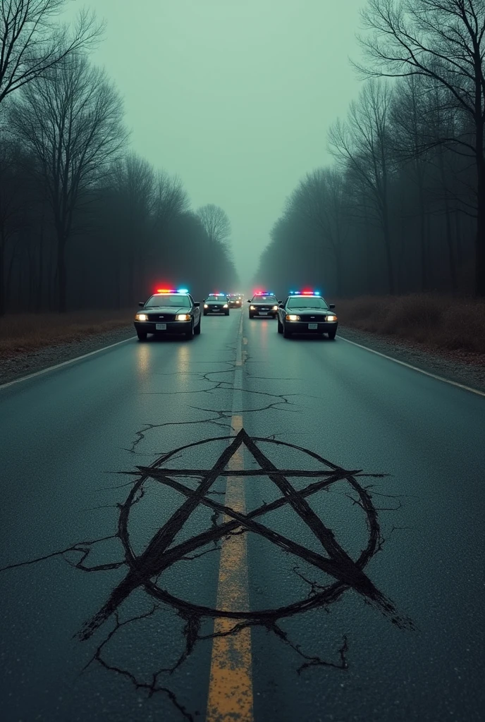 a road with a line of police cars lined up horizontally in the background and a pentagram mark drawn on the ground.
