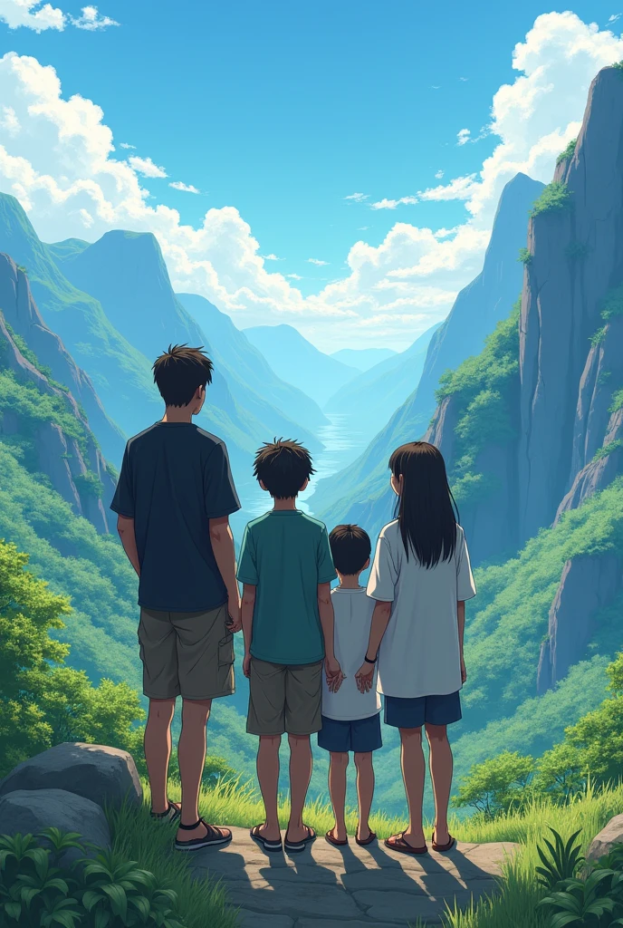 family looking at a beautiful landscape. The daughter's husband is white, has 1.73 tall and weighs 63kg and is 22 years old . He has straight, dark brown hair., light brown eyes and black loose shirt. My daughter is BLACK, has 1.59 tall and weighs 46kg, 22 years old. Ela tem black power. Meu filho é NEGRO has 1.73 tall and weighs 64kg and has . He has black hair cut like a jackfruit, loose white shirt. I am a BLACK woman and I have 1.70 tall and weighs 80kg, I am 40 years old. All Adults Japanese Anime Style Photo.