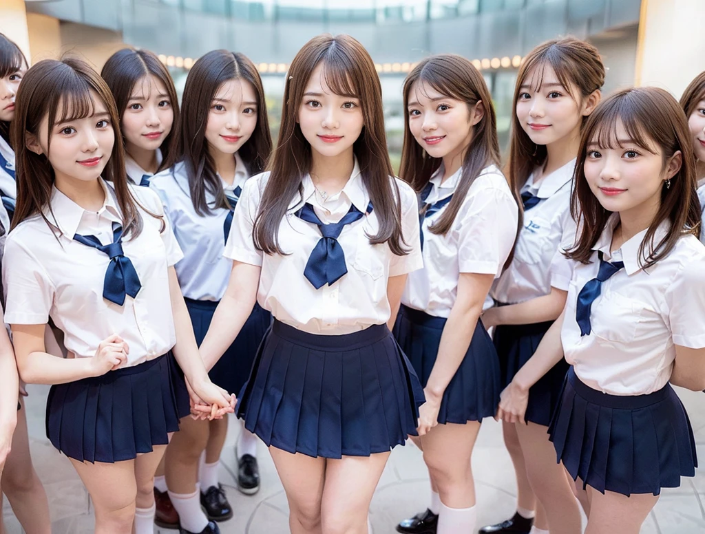detailed、high quality、Beautiful outdoors ((Blue summer sky background))Neat and elegant(Perfect figure), Nogizaka46(Japanese Girls), ((Japanese Idols:1.3) (Five Girls:1.33), long, light brown straight hair, (The girl has a perfectly pretty face:1.5), A kind smile (school uniform:1.3), (Very mini skirt:1.3), (Stand in a circle:1.67), (Looking down:1.28), (View from below:1.5)high quality, High resolution, solo,