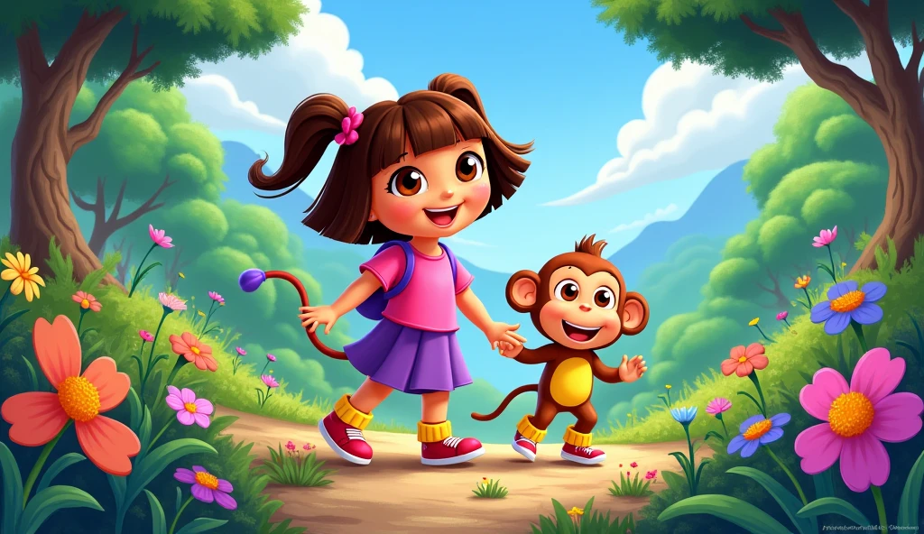 “Dora and Boots in a colorful forest setting. Dora is a woman with brown hair tied in two ponytails., wearing a pink t-shirt and a purple skirt. Boots is a monkey with yellow boots and a pair of red shoes. The background should be vibrant with green trees, colorful flowers and a clear blue sky.”