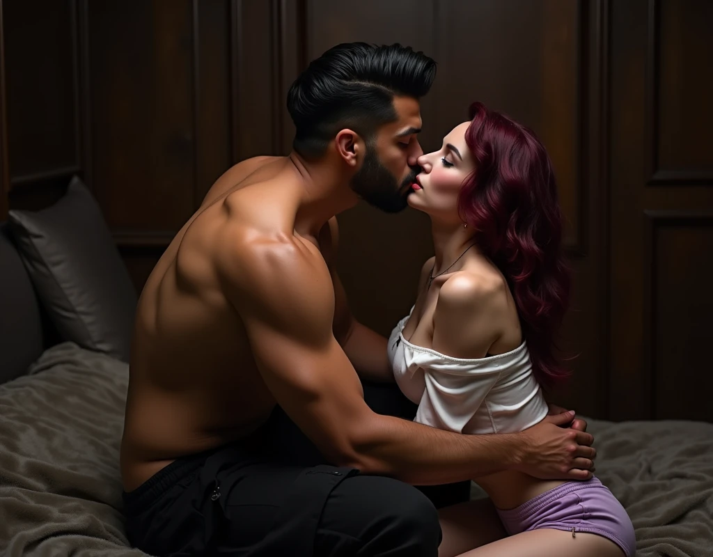 209 cm tall, 29-year-old, muscular attractive man with black short layered swept back wavy crew cut hair, short black facial hair, shirtless, Mediterranean-Native American features, black cargo pants, hip shot, kissing much shorter woman on her knees leaning up to reach his lips, she has very pale skin and vibrant maroon hair wearing white off shoulder shirt and lavender shorts, arms around her back as they sit on a dark fur covered bed in an underground basement with dark wood panel in low lighting, photorealistic, cinematic