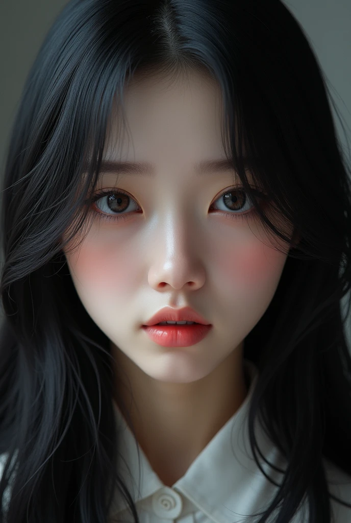 a beautiful detailed korean girl, heterochromia, one blue eye one brown eye, thoughtful expression, long black hair, full lips, (best quality,8k,ultra-detailed,realistic,photorealistic:1.37),hyperrealism, dramatic lighting,cinematic, detailed, 