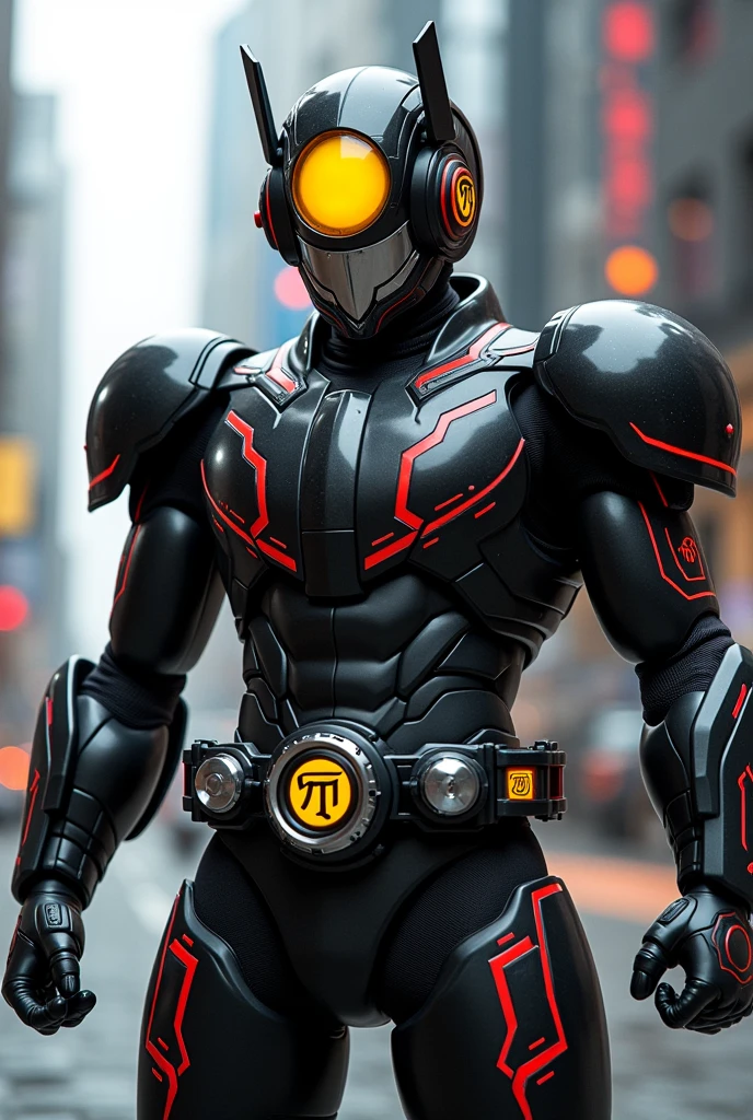 Kamen Rider Faiz 555 Transforms with a cell phone Black body with red lines Silver on chest and other parts Has yellow eyes Overall body armor is rounded The Greek letter Φ is the motif and the face is also round overall A cell phone is attached to the belt The eyes are yellow and shaped like the letter φ There is a red line around the object that is integrated with the antenna