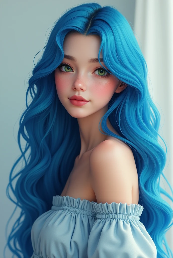 20 years old young girl with blue and white hair , long flowing blue hair, very long wavy azure blue hair, long blue hair, beautiful woman with blue hair, flowing blue hair, beautiful blue haired girl, pretty girl with blue hair, long azure blue hair, blue long hair, very long blue hair, girl with blue hair, blue hairstyle,, tall, beautiful, athletic figure, medium round breasts , green eyes,(best quality, 4k, 8k, high definition), ultra detail, detailed face and facial features, beautiful detailed eyes, beautiful detailed lips, extremely detailed eyes and face, long eyelashes, graceful triangular face, classic lip shape, small graceful nose