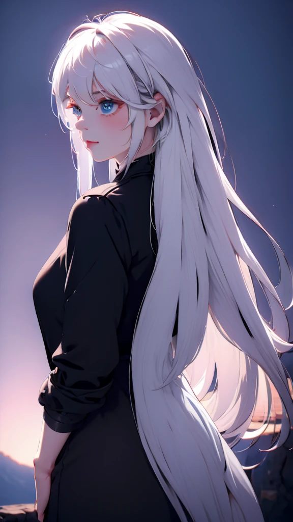 1 Girl, medium light white hair, light blue eyes, wearing Black Suit 4D , night TOWN , high res, ultrasharp, 8K, masterpiece, looking from behind