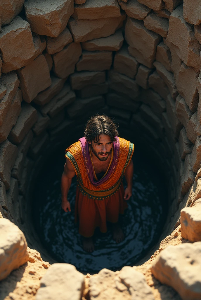 Creating images of a young man inside a deep, waterless well, in biblical times, he is wearing a colorful tunic 