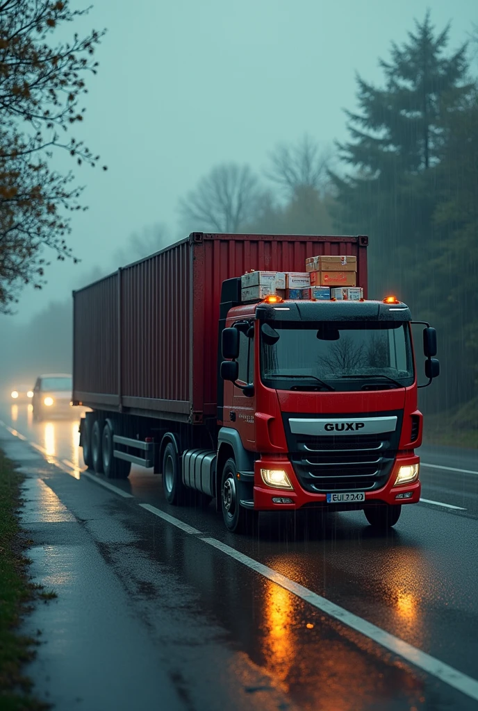Lorry company create the name is New Kingston background on the road,weather is raining,bring the item like many boxes,colour Red black
