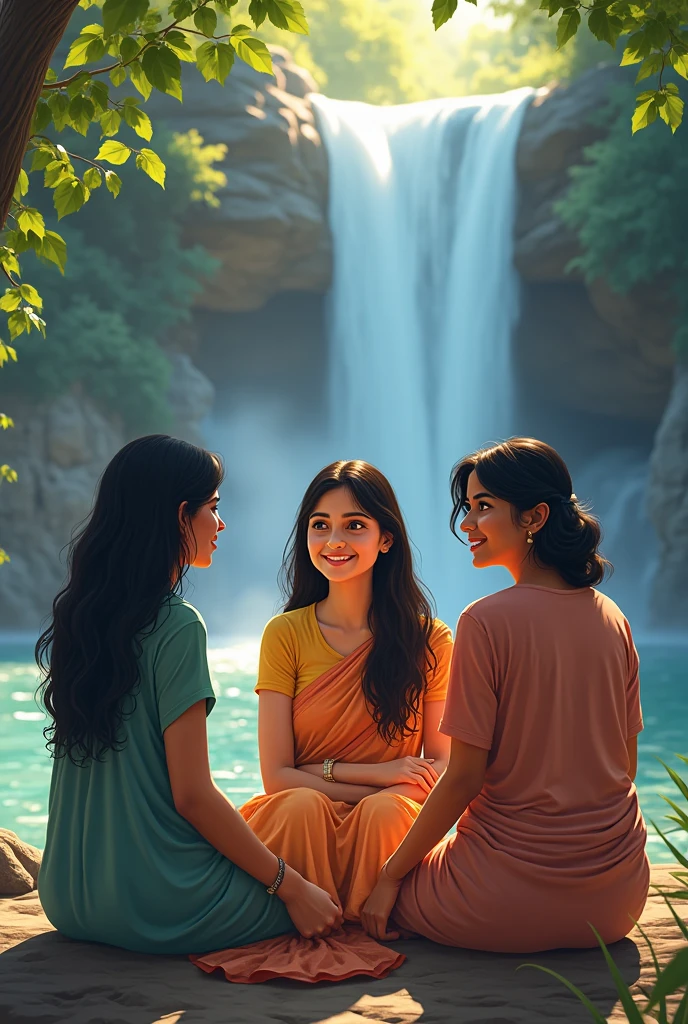 Mousumi, Priya, and Nabanita sitting by the waterfall, reminiscing about their journey. They are smiling and chatting, with the waterfall in the background and nature surrounding them. The scene exudes a sense of peace and friendship