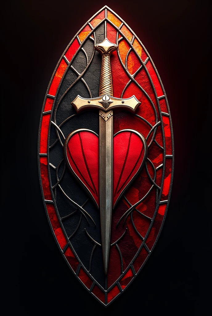 Verrières Football Club logo. One half is red, another is black. Possible variants: sword, cross, heart, book, fire. Style: stained-glass.