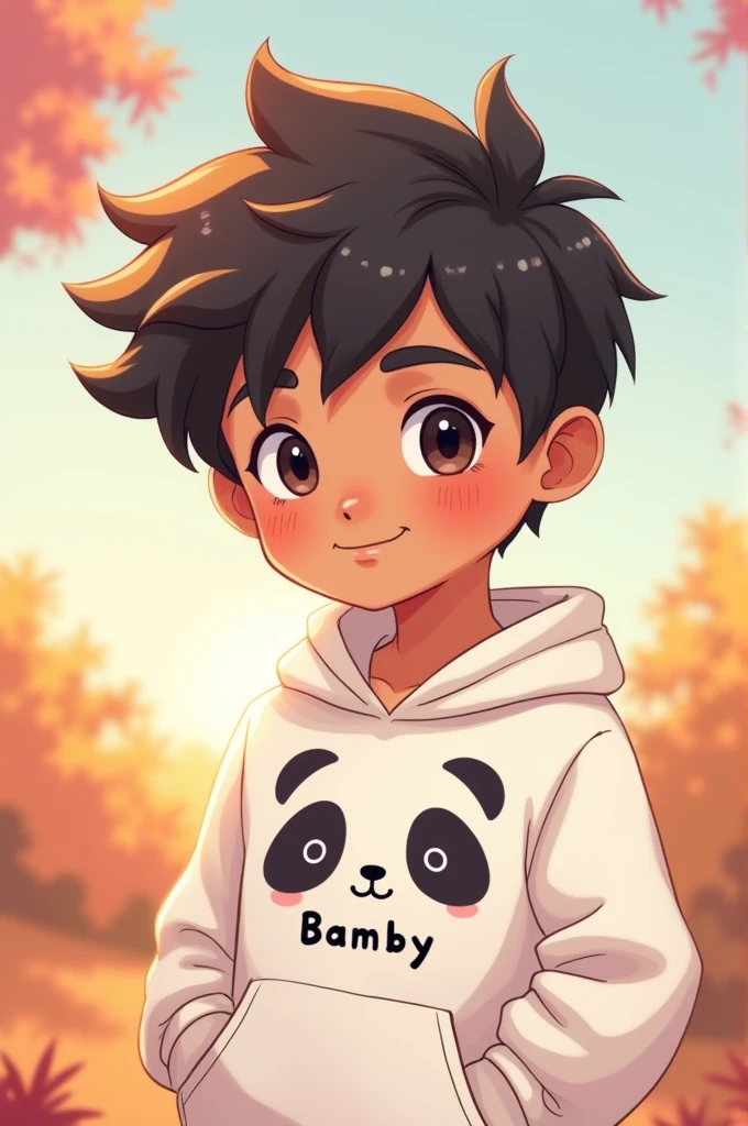 cute indian anime boy wearing white panda hoodie written bamby on hoodie