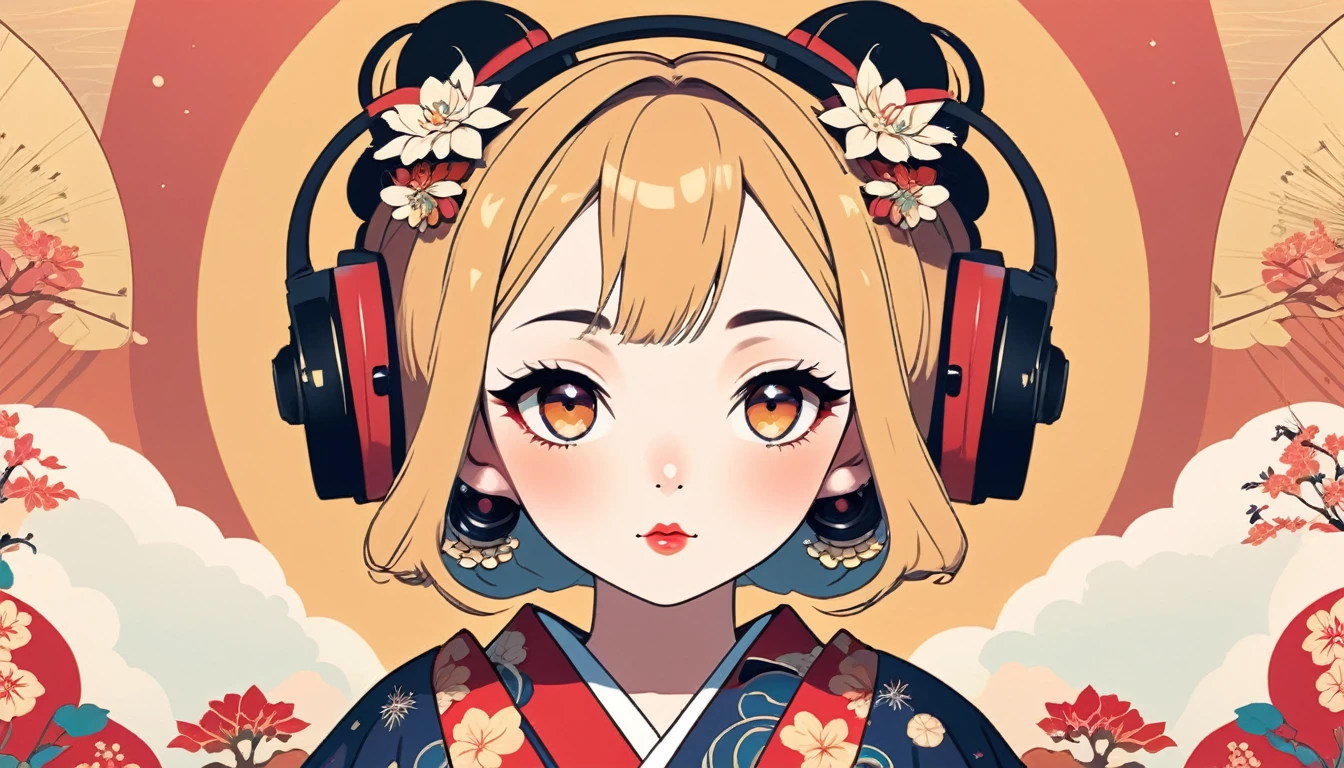 Oiran with Japanese style headphones、fan、Wide-angle lens, Lofi Anime, Lofi illustration, Aesthetic atmosphere, Lo-Fi Style, Vector art, Flat Design, Simple shape, Warm tones, Pleasant atmosphere, Chill, In anime style, Digital drawing, Vector art, Vector logo for t-shirt printing, (Adorable:1.5), (small:1.4), (Playful:1.2), (soft:1.3), (Whimsical:1.1), masterpiece, Highest quality, 8k, Intricate details, grow, Celestial, Mysterious, Picturesque, amazing, Majestic, Magic, Fantasy art, Cover art, dream-like