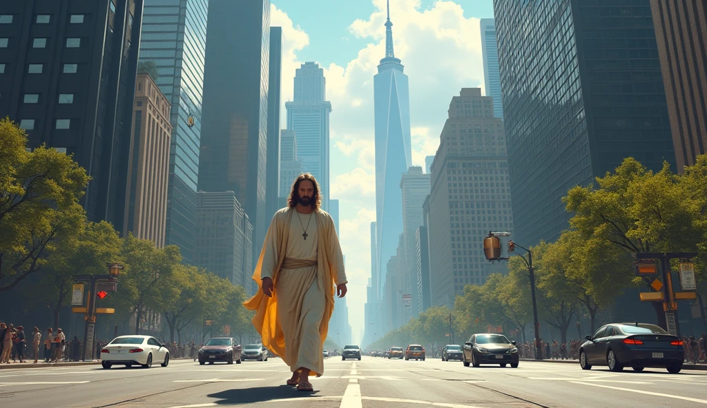 Jesus walking among modern city skyscrapers