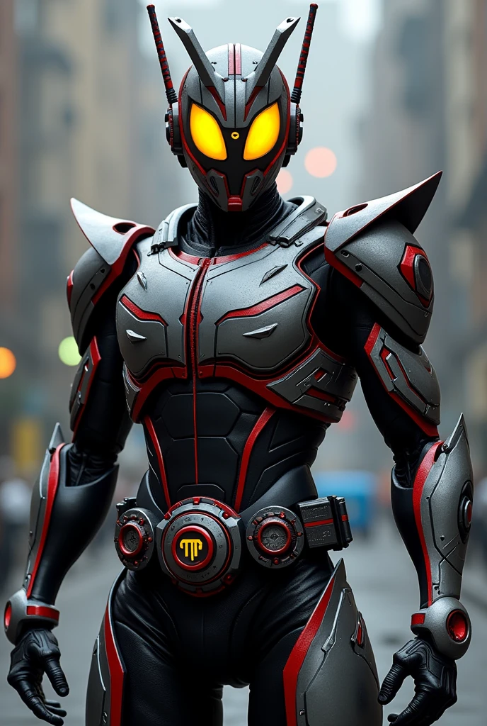 Kamen Rider Faiz 555 Transforms with a cell phone Black body with red lines Silver on chest and other parts Has yellow eyes Overall body armor is rounded The Greek letter Φ is the motif and the face is also round overall A cell phone is attached to the belt The eyes are yellow and shaped like the letter φ There is a red line around the object that is integrated with the antenna