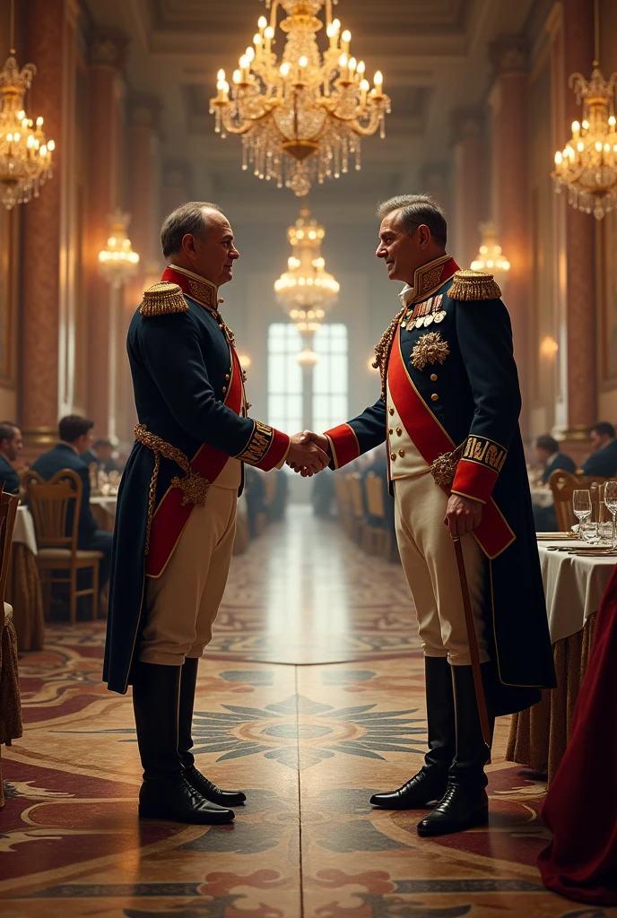 large banquet hall,handshake,Napoleon,general wellington