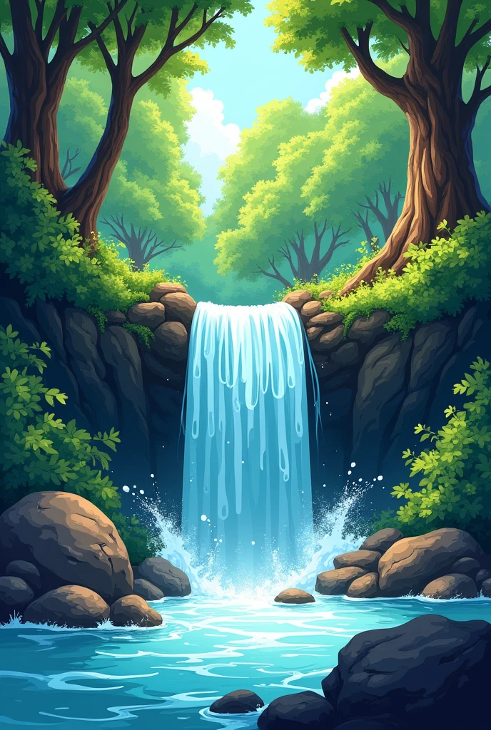 manga artwork a cartoon style waterfall in a forest with rocks and trees