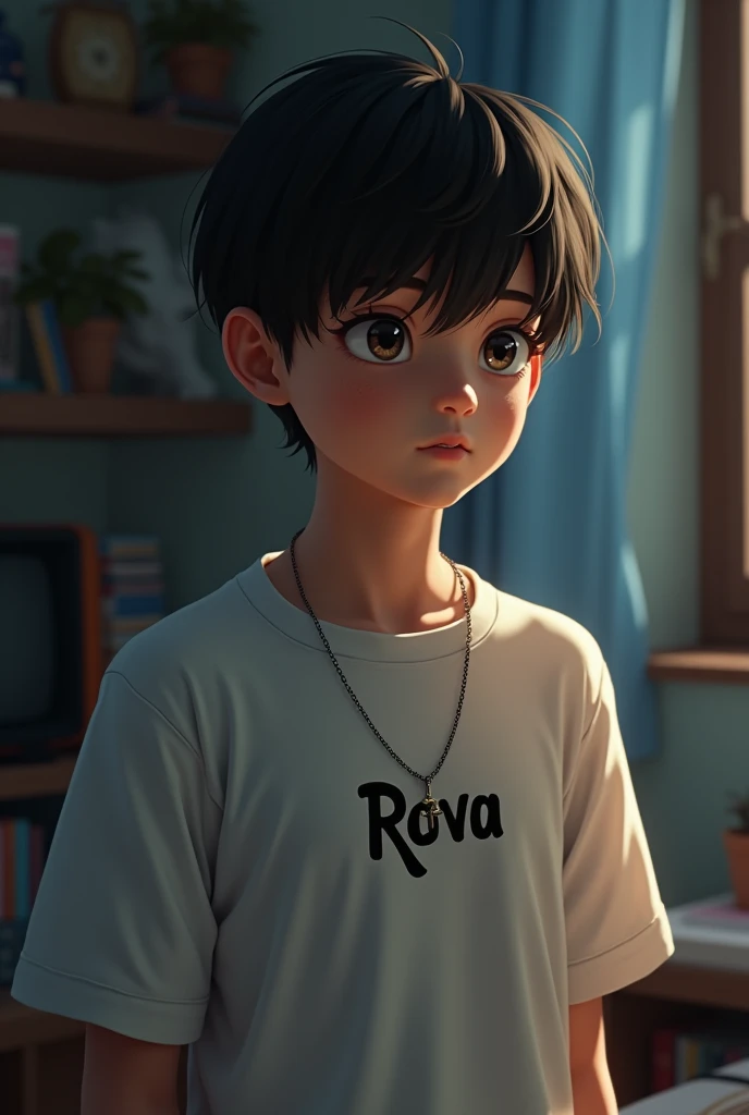 Une jeune garçon avec un mot Rova sur son tee-shirt Blanc avec un collier croix qui prit dans sa chambre