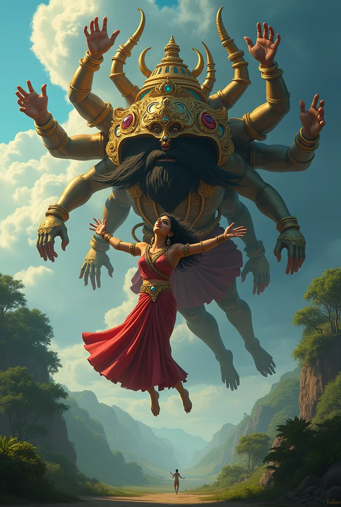 In cinematic 3d cartoon style "Sita, dressed in traditional attire, looks distressed as Ravana lifts her into his flying chariot.