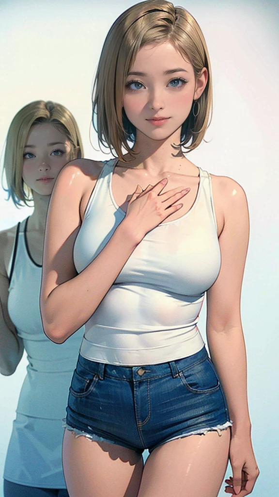((masterpiece)),(((Highest quality))),((Character design sheet)),Thin thighs,Long legs,Very slim,Big eyes,Droopy eyes,Android 18, alone, blonde, blue eyes, short hair, Cute Smile,Earrings, jewelry, Medium Milk,Please wash your hands, Wear a tank top, Shorts,Photos of slim models, Close-up body shot,street, (External chest expansion: 1.2)