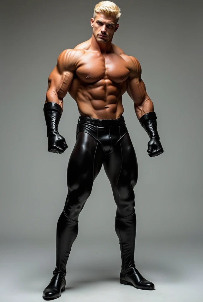 blond man, body builder, in leather underwear, in a photography studio, with sexy superhero costume.