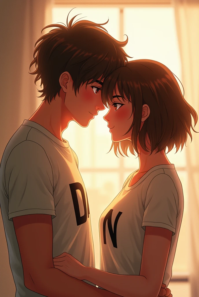 a couple of boyfriends and on the man's shirt there is the letter d that I have brown eyes and have curly but short hair, and the woman has the letter N on her shirt, short and semi-curly hair but that reaches the works