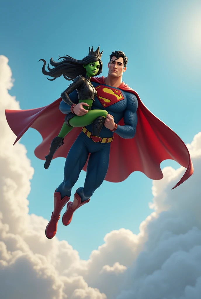 Un superman dans les airs qui porte une fille avec la peau verte les cheveux noires et une tenue noire avec une couronne noire sur la tête dans le style de fortnite