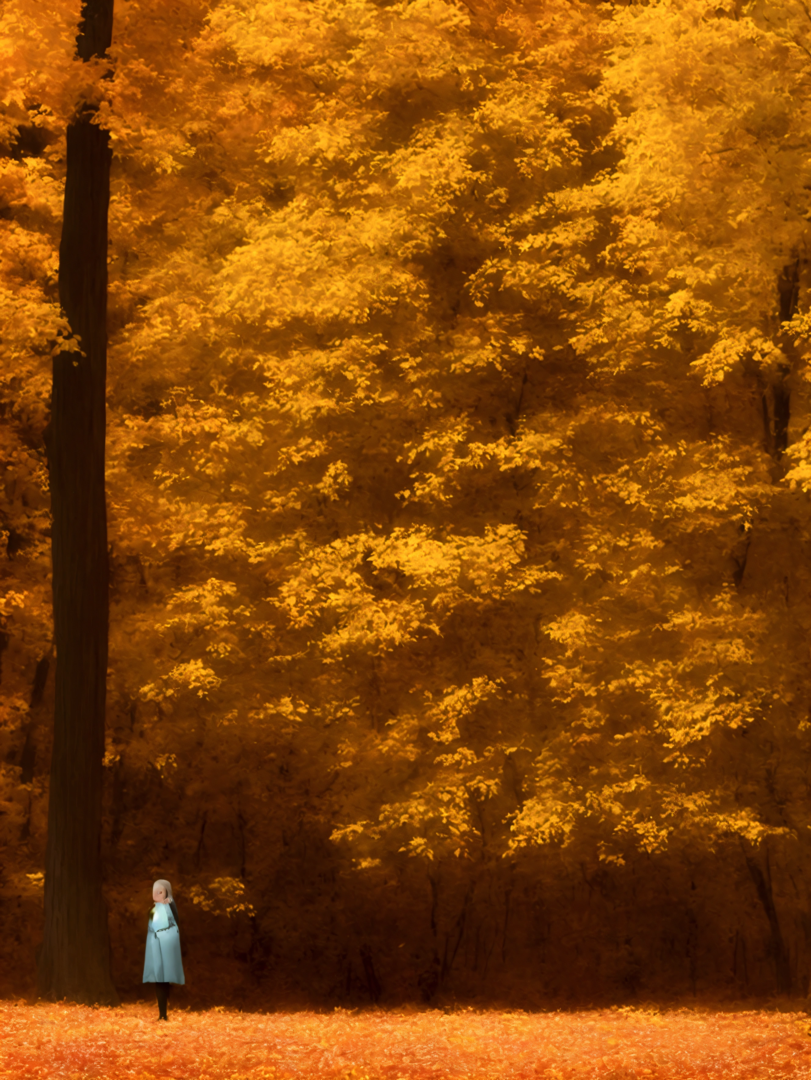 1girl standing next to a yellow Porsche,autumn forest, sunset, leaves falling, first snow,