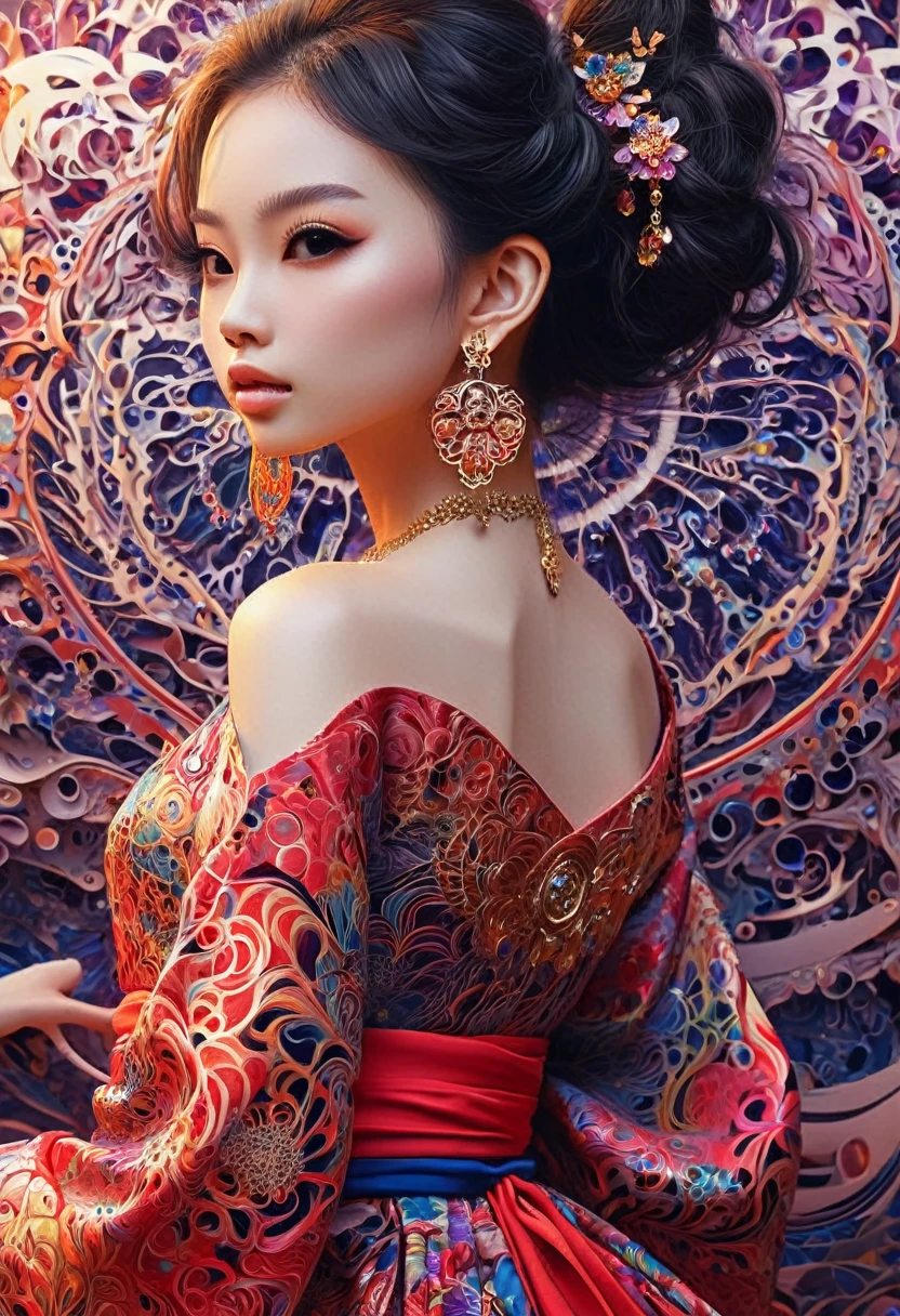 (masterpiece, top quality, best quality, official art, beautiful and aesthetic:1.2), (1girl:1.3), extremely detailed,(fractal art:1.1),(colorful:1.1),highest detailed,(zentangle:1.2), (dynamic pose), (abstract background:1.5), (japanese dress:1.2), (shiny skin), (many colors:1.4), ,(earrings:1.4),