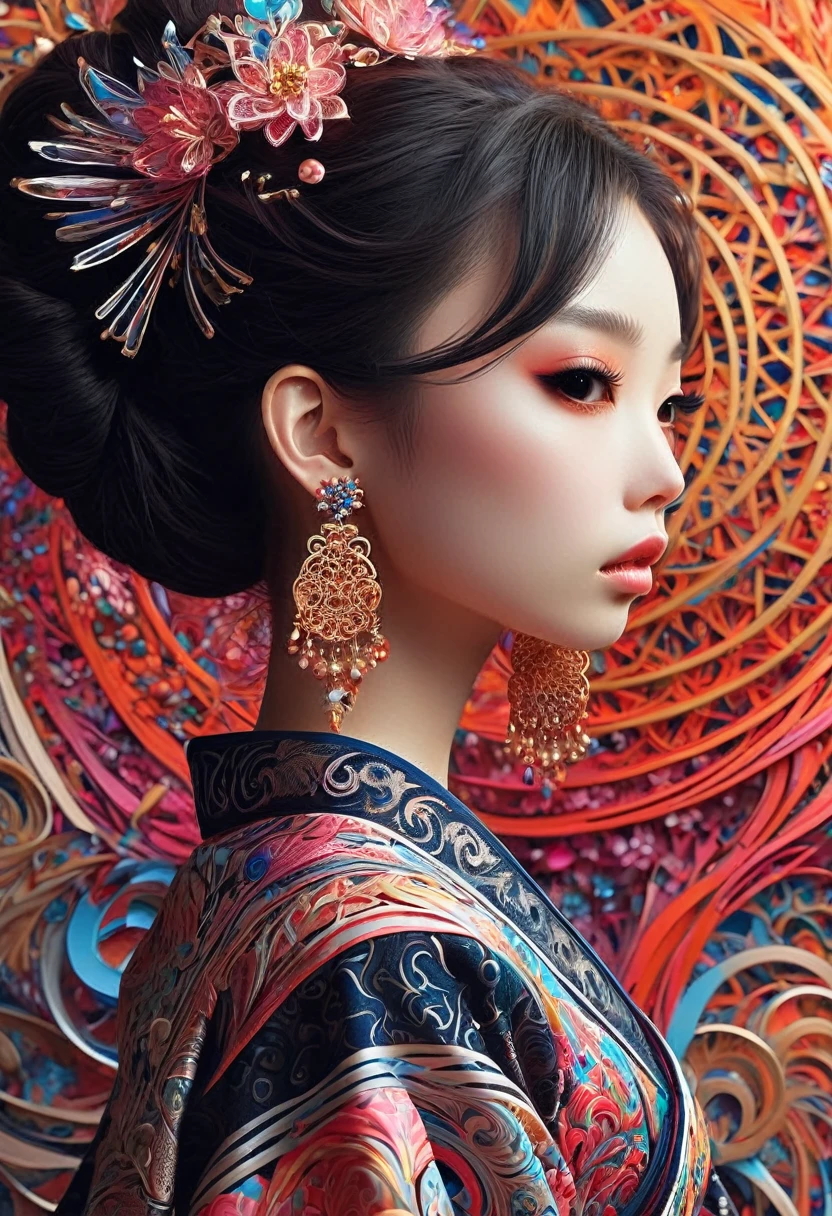(masterpiece, top quality, best quality, official art, beautiful and aesthetic:1.2), (1girl:1.3), extremely detailed,(fractal art:1.1),(colorful:1.1),highest detailed,(zentangle:1.2), (dynamic pose), (abstract background:1.5), (japanese dress:1.2), (shiny skin), (many colors:1.4), ,(earrings:1.4),