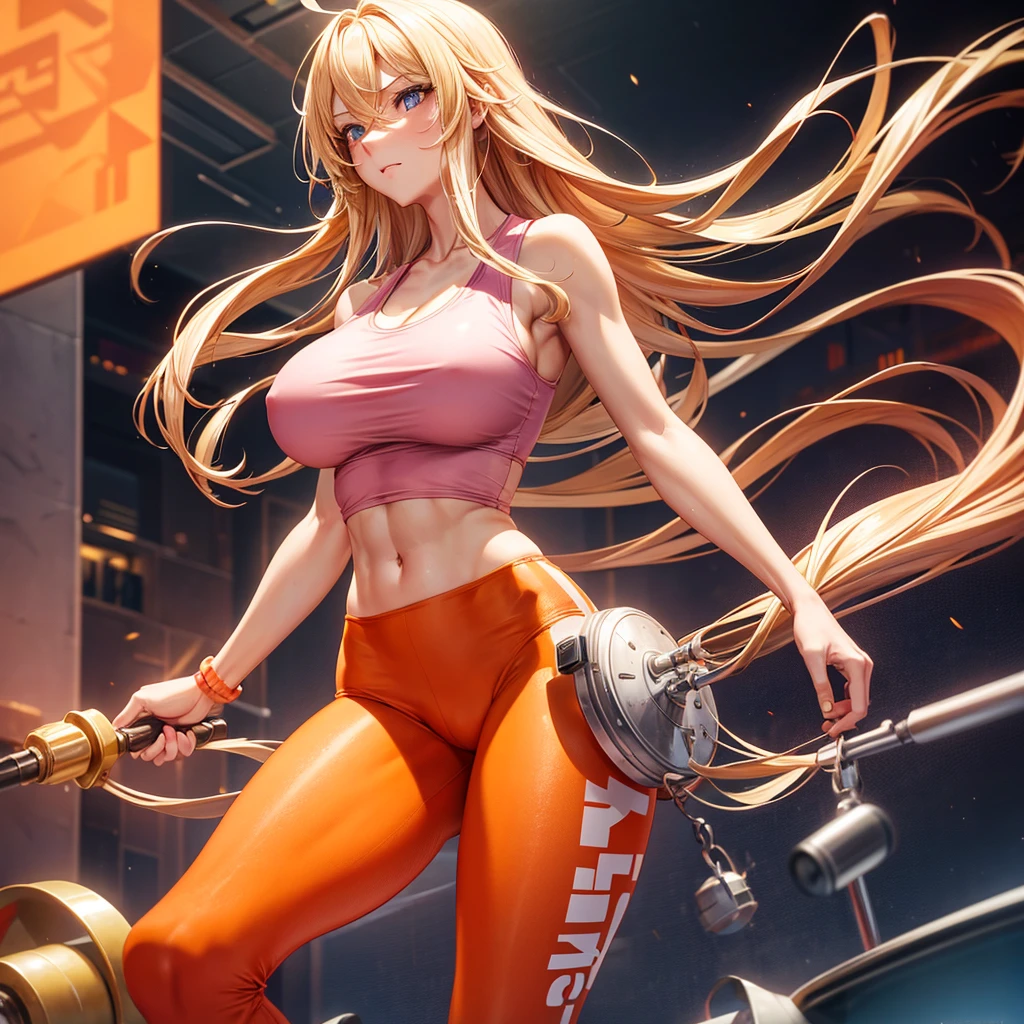 Solo, 1girl, Early 30's, long blonde hair, large heavy breasts, slender toned build, pink tank top (braless), orange leggings