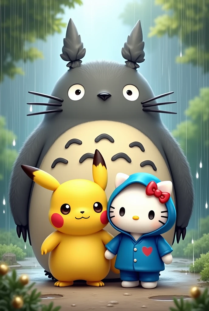 Fat Pikachu and hello kitty blue rain suit and large totoro draw art
