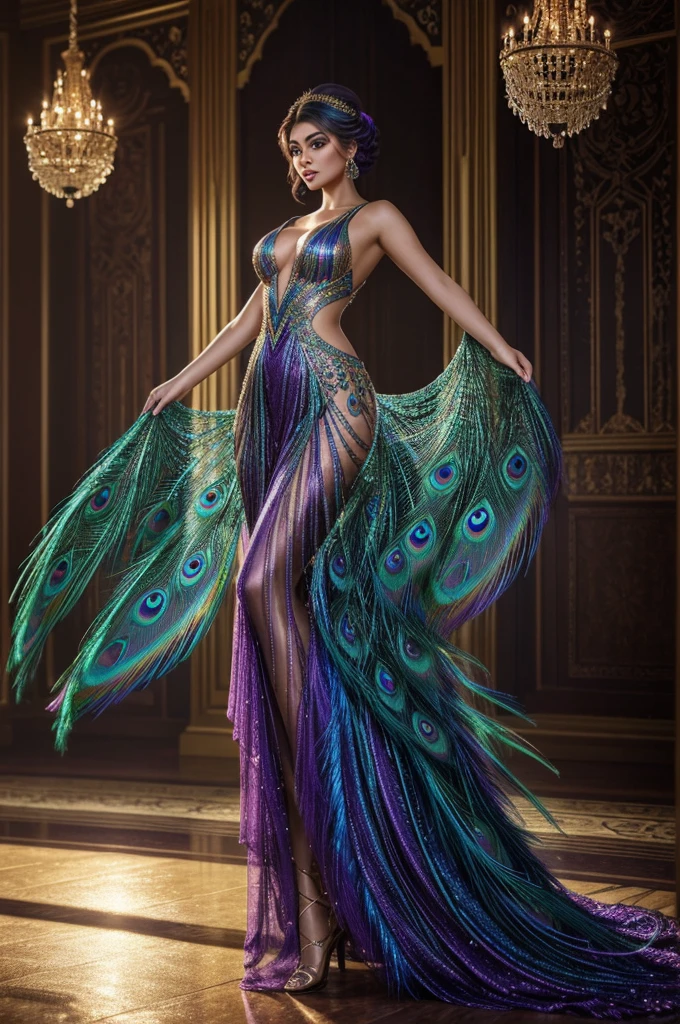 Highly detailed photorealistic of beautiful Caucasian Korean Gorgeous female, graceful walking, attractive graceful dancing movement, wearing a glossy holographic greenish purple peacock feathers gown, intricate embroidery peacock feathers, high-quality, detailed gigantic breasted, realistic, elegant, vibrant colors, glamorous lighting, detailed facial features, professional makeup, luxurious, exotic, peacock feathers, elegant hairstyle, stunning makeup, beauty shot, ethereal, glowing, mystical, enchanting, mysterious, luxury room setting, vibrant colors, atmospheric lighting, bokeh, backlite