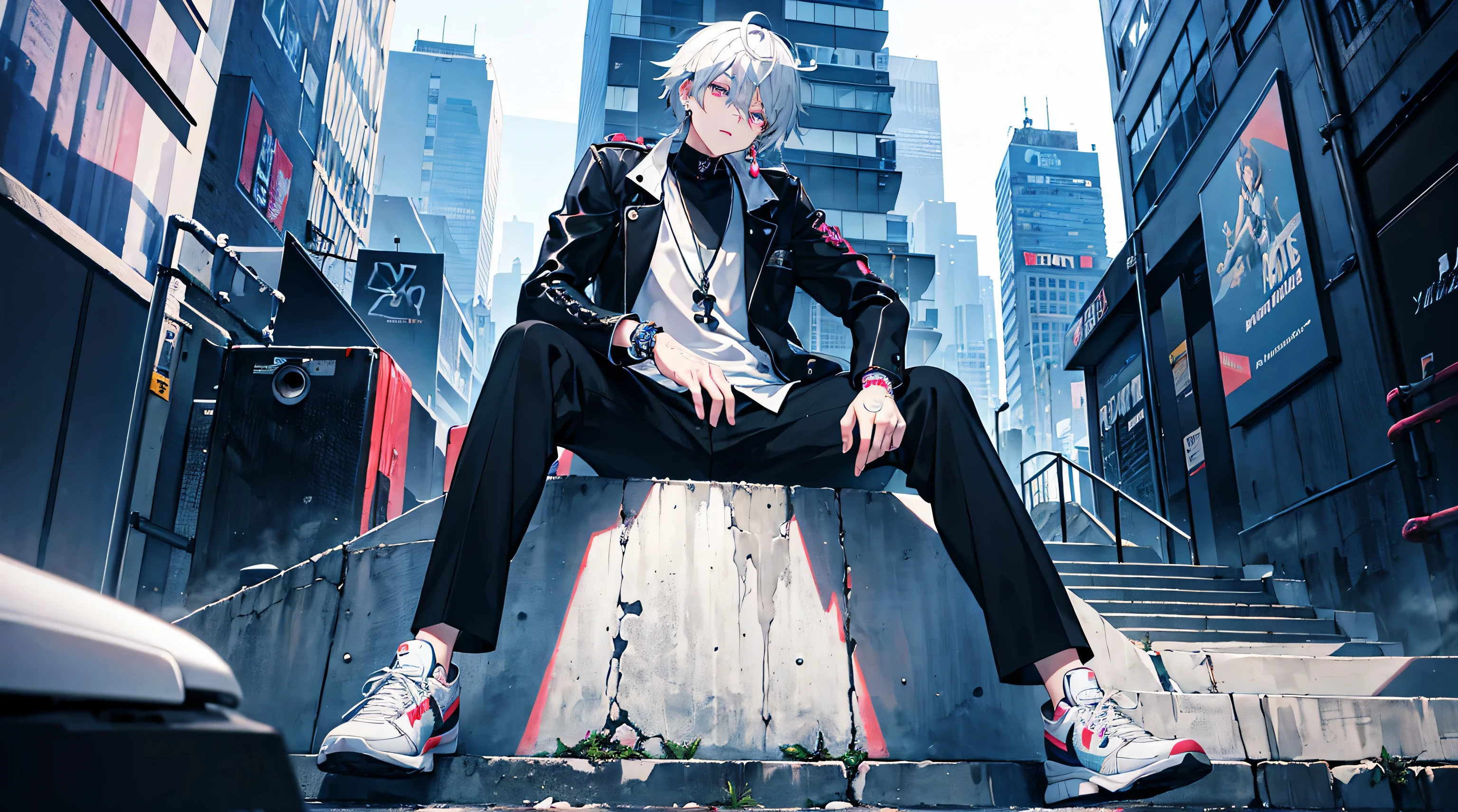 Black Modern Jacket、White sneakers、A well-dressed boy in black trousers、Sitting in front of a graffiti wall , Tattoo on the neck, Add accessories , Camera shot from below , modern city , Thick hair , Neon Daylight , Movie , fashionable , high resolution, Ultra Detailed , submerge , Wearing a bracelet , Looking at the camera , 4K , Anime style , Very detailed , Software City , Modern Gadgets , notebook , modern earrings .