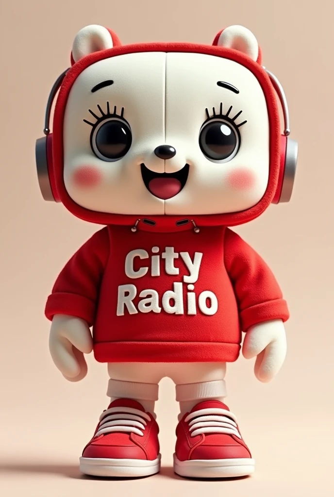 Description of the Mascot:
Shape and Size:
The mascot is an anthropomorphized radio, about 30 cm tall, rectangular in shape, but with soft, rounded edges for a cuter, friendlier look.
O corpo of the mascot é proporcionalmente largo, with short, thick arms and legs, which are flexible and made of soft material. The ends of the legs end in small, round feet, while the hands have three thick, rounded fingers.
head/Face:
A frente from the radio é onde o rosto of the mascot está localizado. He has large, expressive eyes, black in color, com um brilho especial que dá vida à expressão of the mascot. The eyes are positioned at the top of the "screen" from the radio, with short, thin eyelashes that add a touch of sweetness.
O sorriso largo of the mascot é uma fenda levemente curvada na parte inferior da face, that shines with a slightly metallic tone, suggesting speakers hidden behind a thin grille.
Above the eyes, there are two small round buttons that serve as "ears" of the mascot, and they can move slightly, giving the impression that he reacts to sound or music. These buttons may have volume or tuning details., but stylized in a cute way.
cos/vestimentas:
O corpo of the mascot é o próprio rádio, with a vibrant red shirt worn over it. The shirt is made of a soft and comfortable material, like cotton, que se ajusta perfeitamente ao corpo from the radio, but with enough space to give it a cute look.
No centro da camisa, the name is printed IN PORTUGUESE"City Radio" in white lettering, large and rounded. The font is modern and friendly, easy to read and attention grabbing.
As mangas da camisa são curtas e deixam parte dos braços of the mascot visíveis. The seams of the shirt are highlighted in white, and there is a small detail of buttons on the front.
The mascot has small feet covered in white socks and wears red sneakers., that match the shirt. The sneakers have white laces and details