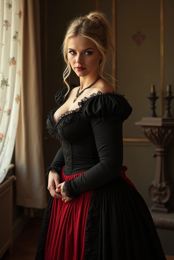 English woman, blonde, by the taken, about 30 years old, dressed as a young woman from the 1800s, thick lips. long french style dress, with lace and long sleeves in black and red tones. Great cleavage, big breasts and big butt. Sepia tone photo