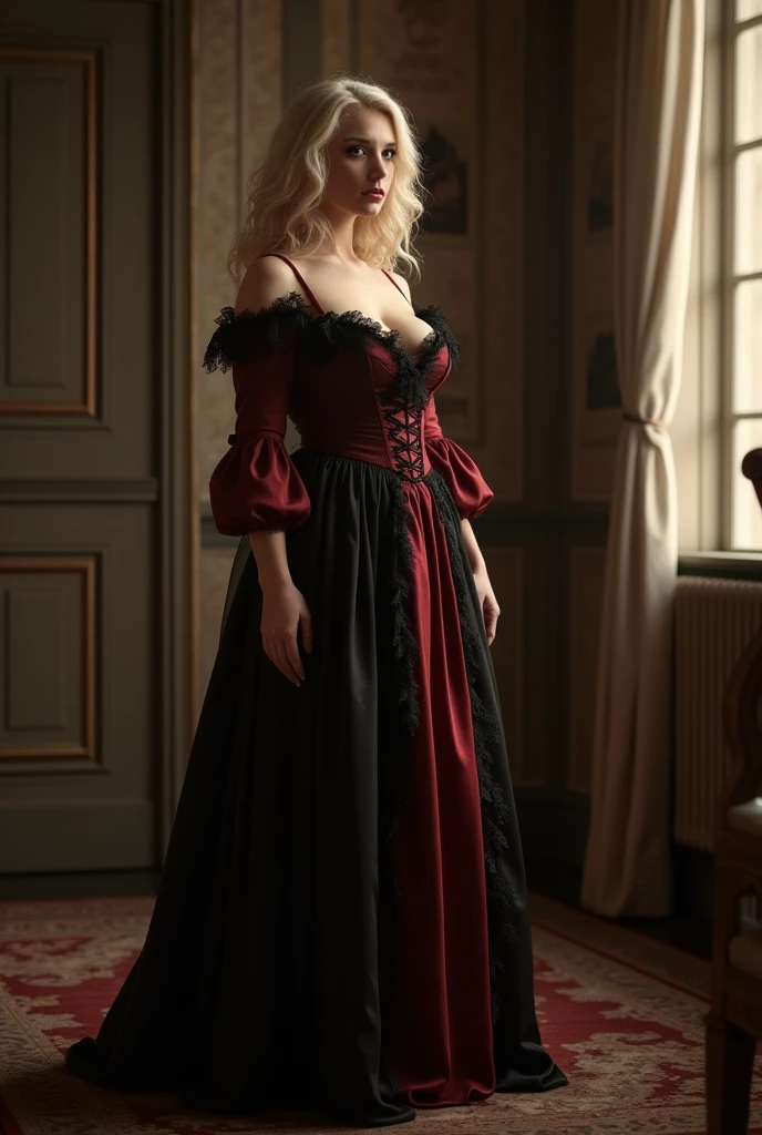 English woman, blonde, by the taken, about 30 years old, dressed as a young woman from the 1800s, thick lips. long french style dress, with lace and long sleeves in black and red tones. Great cleavage, big breasts and big butt. Sepia tone photo