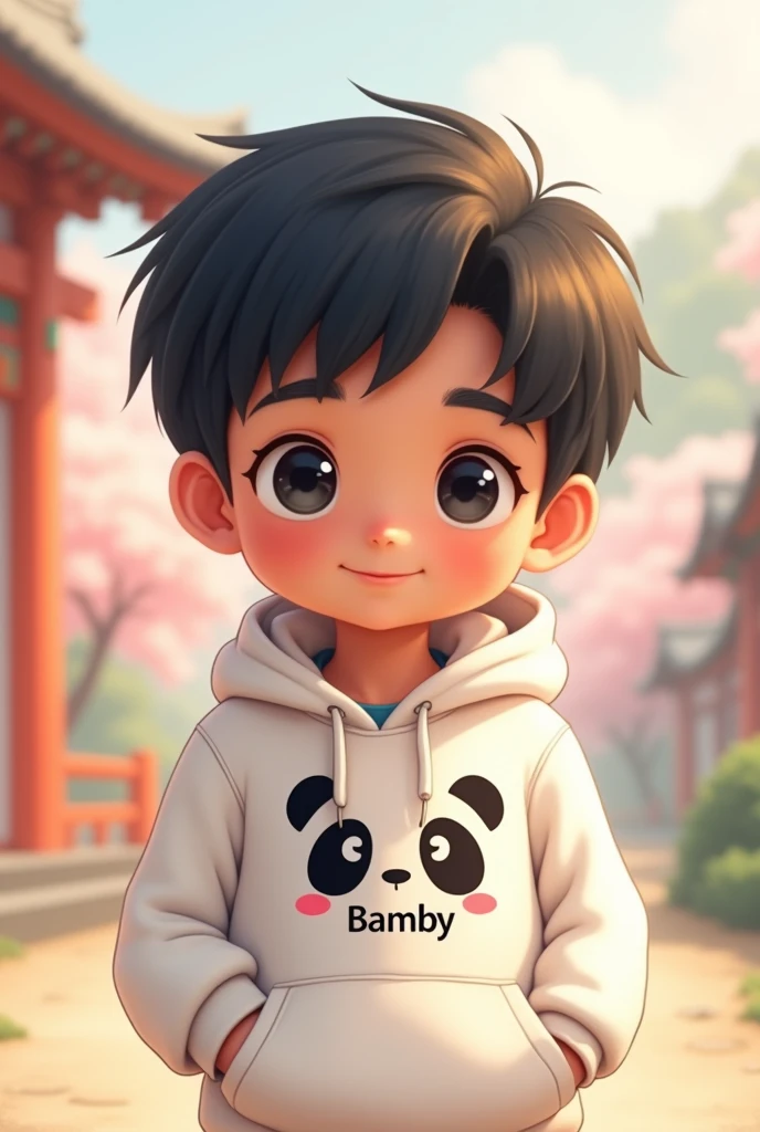 cute indian anime boy wearing white panda hoodie written bamby on hoodie