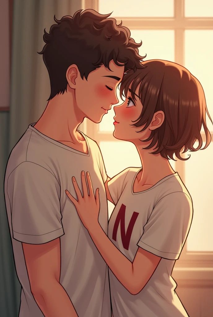 a couple of boyfriends and on the man&#39;s shirt there is the letter d that I have brown eyes and have curly but short hair, and the woman has the letter N on her shirt, short and semi-curly hair but that reaches the works 