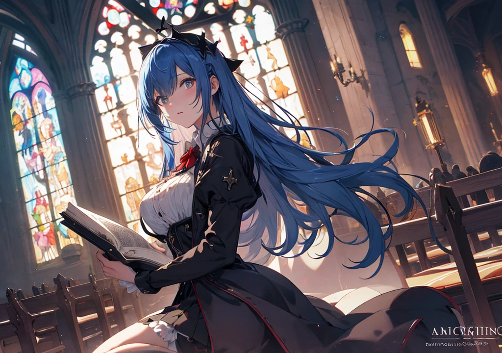 Realistic photos, Focus distance 10mm, Red and white, Beautiful girl, Realistic photos, Shooting at focus distance 10mm, masterpiece, 最high quality, high quality, Very detailed CG 8k wallpaper unit, Award-winning photography, Depth of written boundary, High resolution, bloom, chromatic aberration, Realistic, Very detailed, Art Station Trends, CGsociety Trends, Complex, High detail, dramatic, Art on the go, volumetric lighting, A blue-haired girl is reading a spellbook in a Disney-style gothic church on Halloween night. Ghosts float in the background and the church's stained glass windows glow eerily