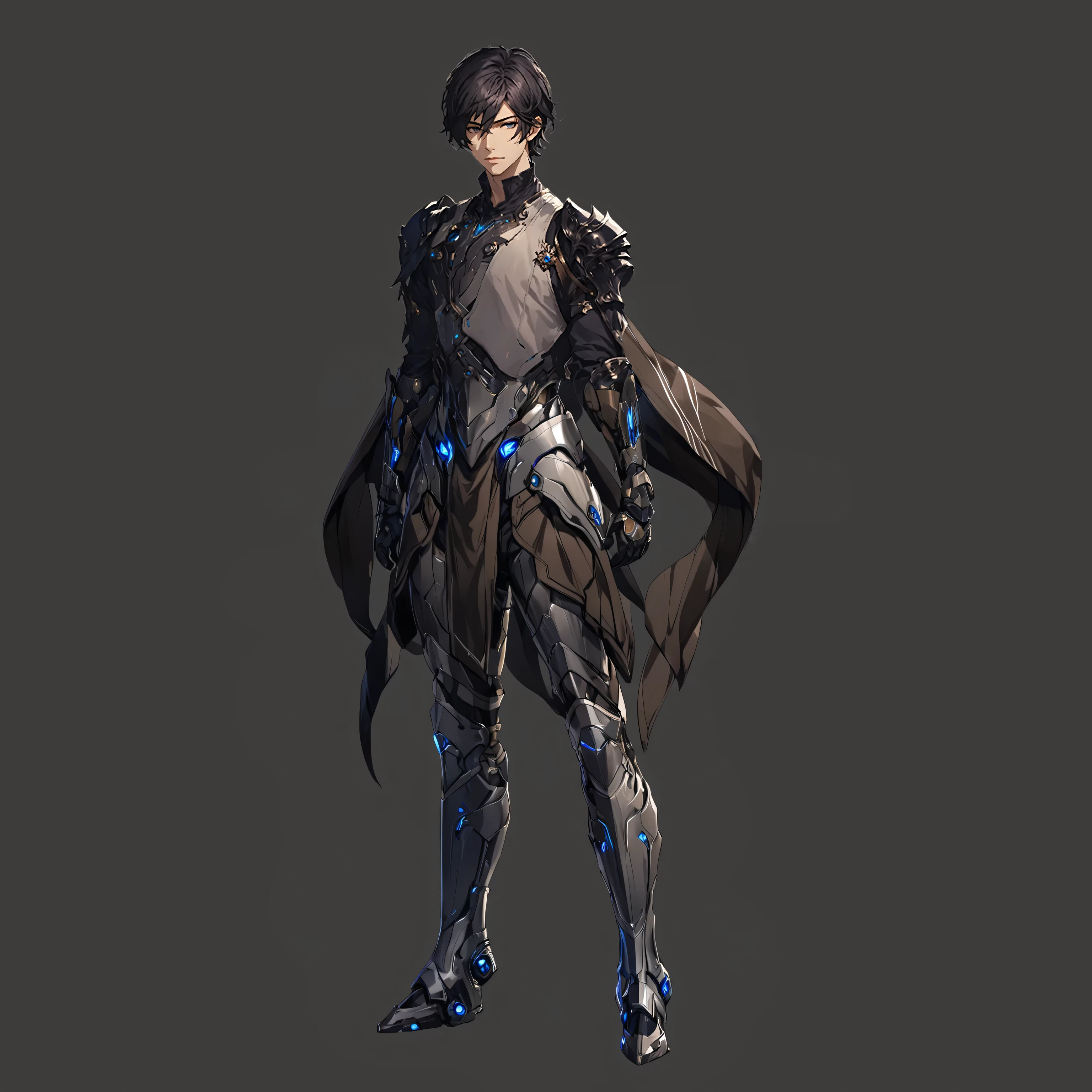 masterpiece, best quality, good quality, Highly detailed, shadowverse style, male, dark brown hair, futuristic sci-fi aesthetic, armored, blue eyes, tidy hair, dark brown and black main color, full body art, adult, solo, closed mouth, character design, standing with pose facing camera, plain background, full body