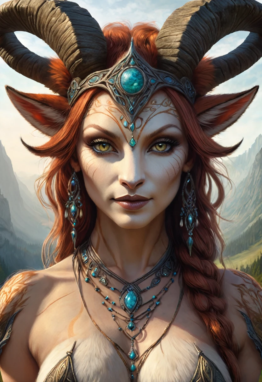 Brian Froud inspired Beautiful Humanoid Creature. cross between fox and satyr. feminine enchantress. Official Art – An Award-Winning Digital Masterpiece In 4K Ultra HD, Extreme Detail And Intricate Realism. Symmetrical Face. This Concept Art Brought To Life By The Hands Of Artists Like Wlop & Artgerm In A Stunning 2D Vector Illustration. Background Is A Panoramic Vista.